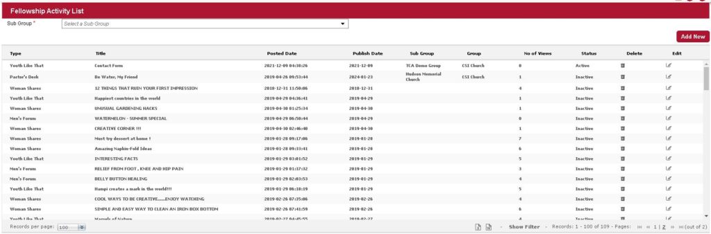 Fellowship Activity List showing saved content entries with edit buttons