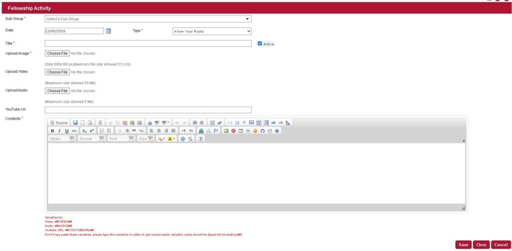 Fellowship Activity Add New button location in dashboard
