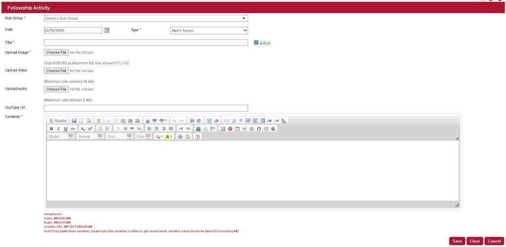 Fellowship Activity dashboard showing Add New button location for Men's Forum